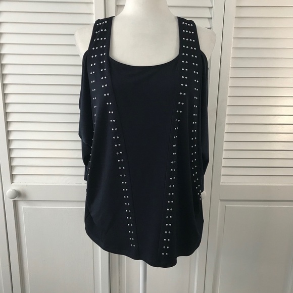 Michael Kors Navy Studded Cold Shoulder Top Size Medium - Picture 1 of 6